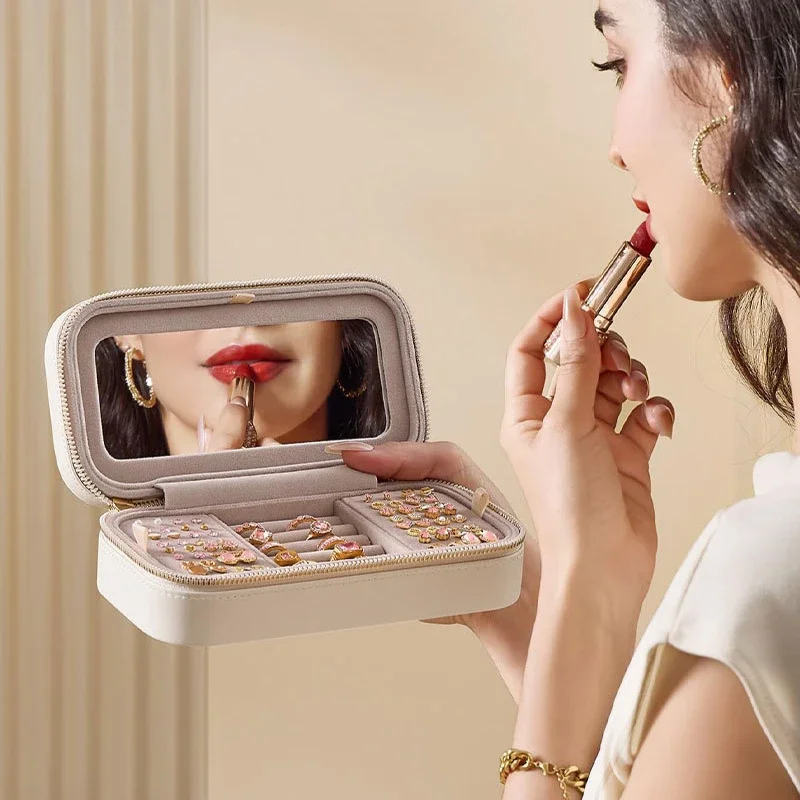 กล่องเครื่องประดับแบบพกพาโลหะคู่ซิปกระจกอิสระต่างหูสร้อยคอขนาดใหญ่ความจุเครื่องประดับ