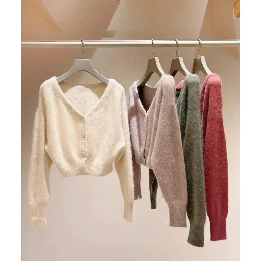 Kuzuwata Japanese New V Neck Long Sleeve Tops All-match Single Breasted Solid Casual Cardigan Knit Elegant Sweet Woman Sweaters