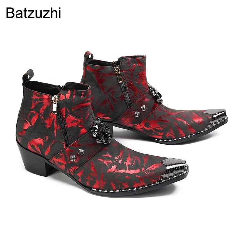 

Batzuzhi Men's Shoes Fashion Rock Silver Metal Toe Black Red Designer's Leather Ankle Boots for Men Party, Wedding Botas Hombre