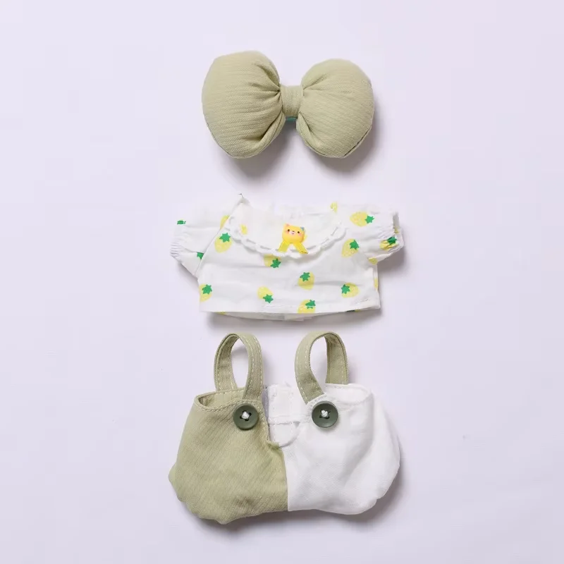 

For 17cm Labubu Clothes Handmade Cute Doll's Clothes Big Bow Sweet Printed Top Rompers Glasses Set For 17cm Labubu Accessories