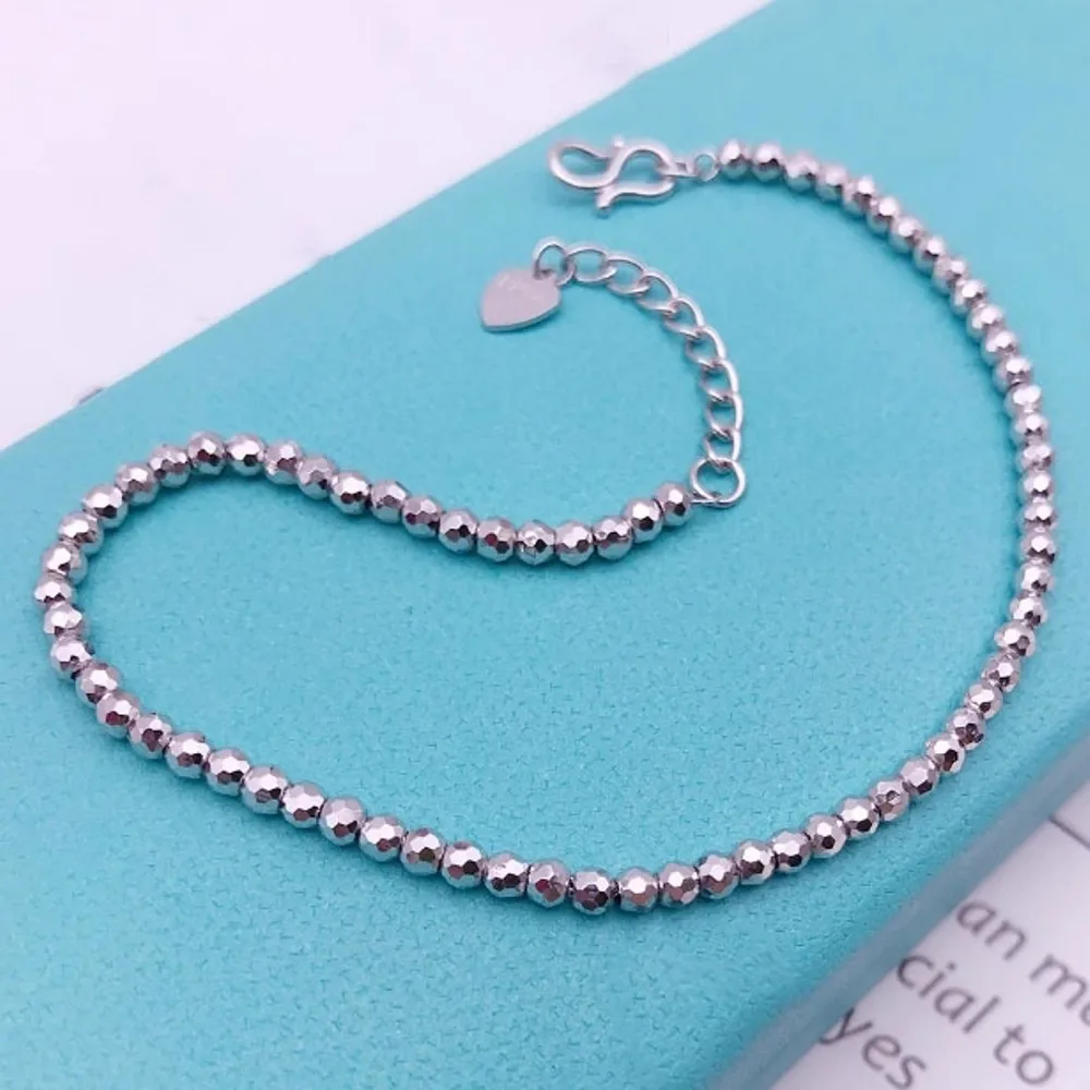 Real Pure Platinum 950 Chain Women Lucky 3mm Laser Beads Link Bracelet 5.77g/16.5+2cm