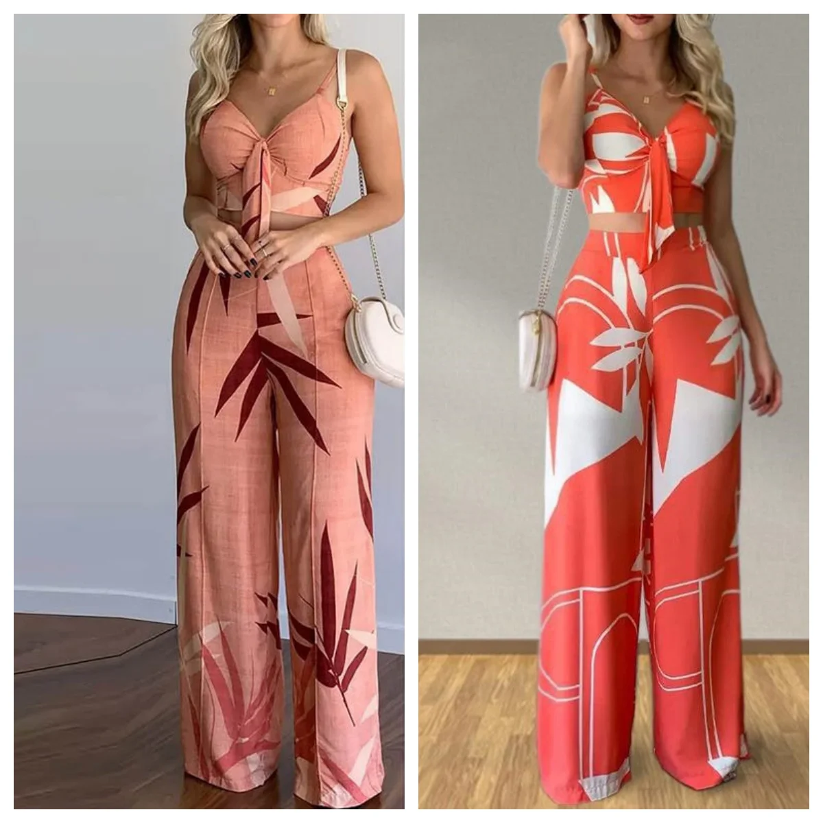 

Летний женский повседневный костюм из топа на бретельках с тропическим принтом и брюк с завышенной талией