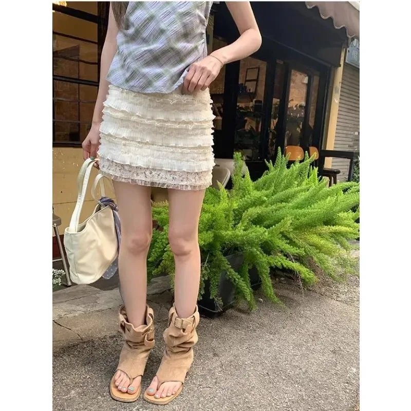 

Women's White Ruffled Tiered Mini Skirt High Waist Lace Trim A-line Skirt for Coquette Casual Wear