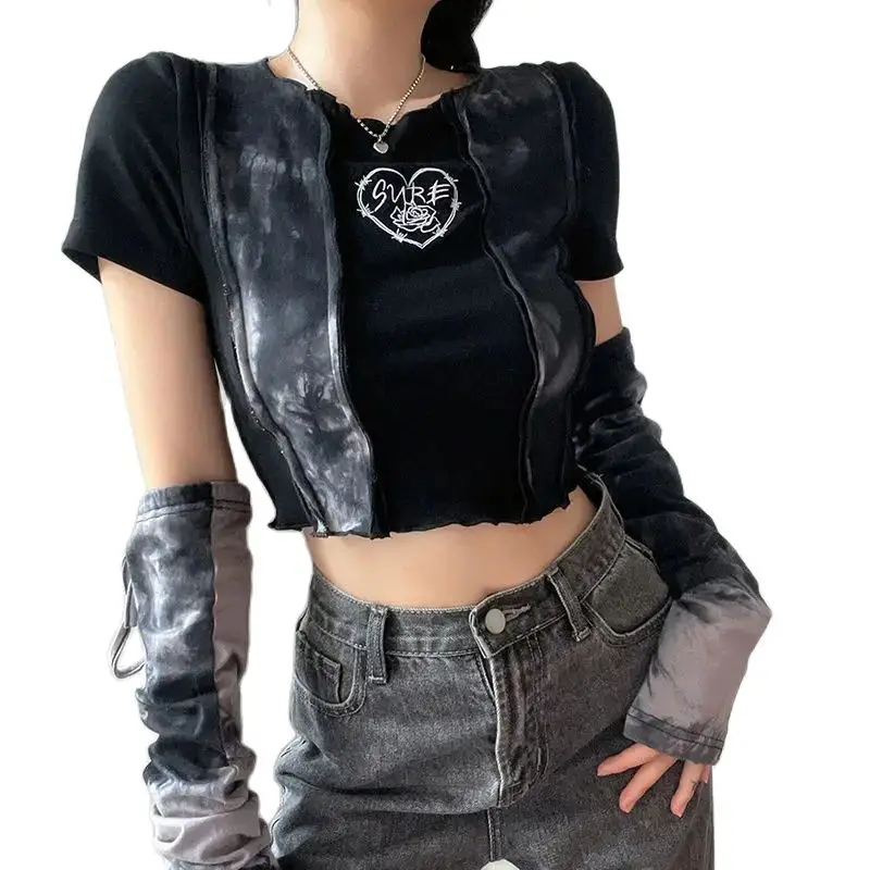 Tie-Dye T-Shirt Women Color-Blocked Short Top With Detachable Sleeves Special Retro Korean Design Clothing