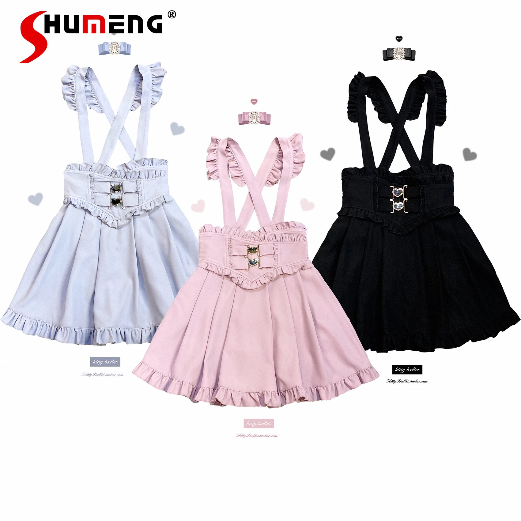 

Women's Lolita Skirt Womens Japanese Style Mine Girls Sweet Cute Love Button Lace Cross High Waist Suspender Skirt Autumn New