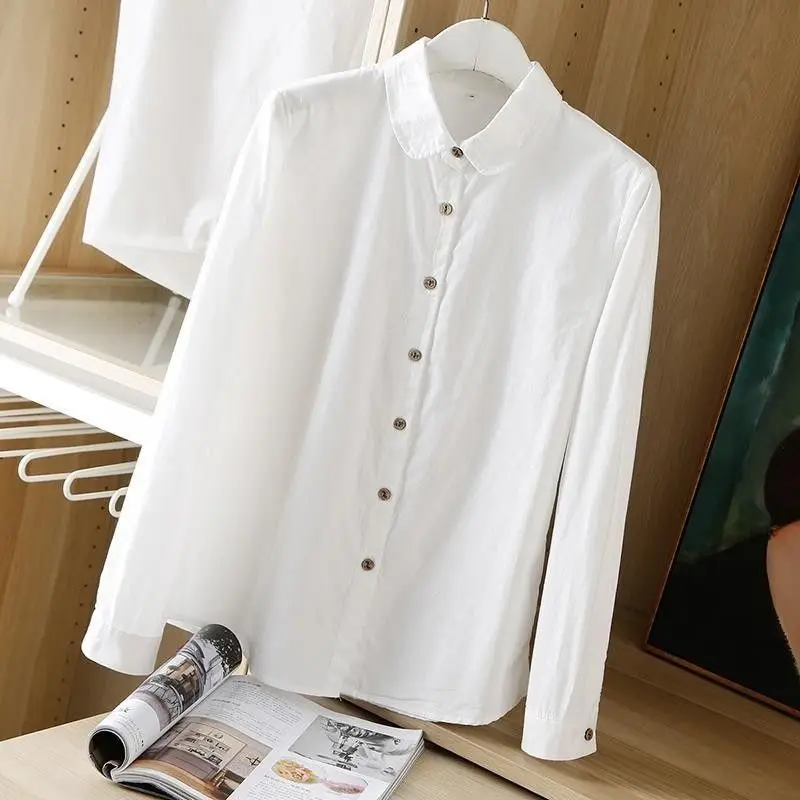 Biała koszula damska z długim rękawem z czystej bawełny, profesjonalna, na wiosnę i jesień, luźna, wyszczuplająca, z ukrytymi guzikami, modna odzież damska.