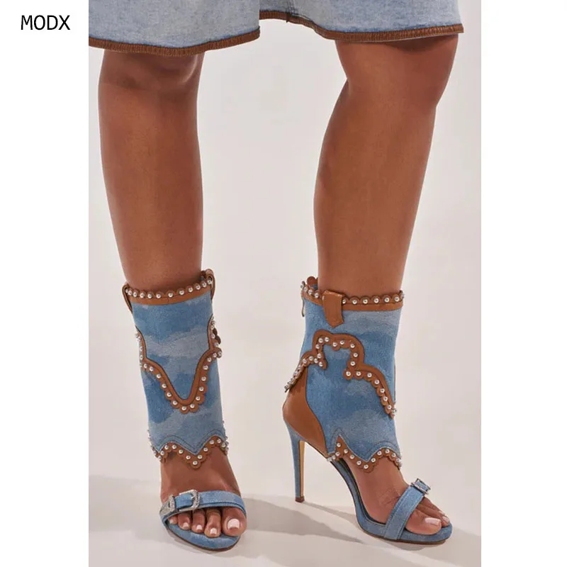 

Women's Summer New Sandals with Rhinestones, Slim Heels, Super High Heels, Fashion Style, Back Zipper Cool Boots 44