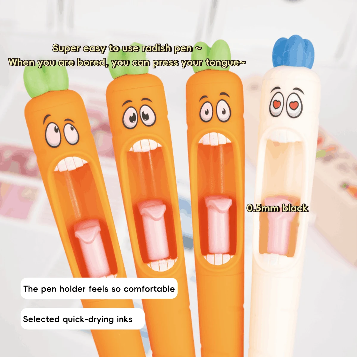 

Милые ручки в форме морковки, гелевая ручка, милый мультяшный дизайн, выдвижной стержень для языка, 0,5 мм, ручки с черными чернилами, офисные школьные канцелярские принадлежности, подарок