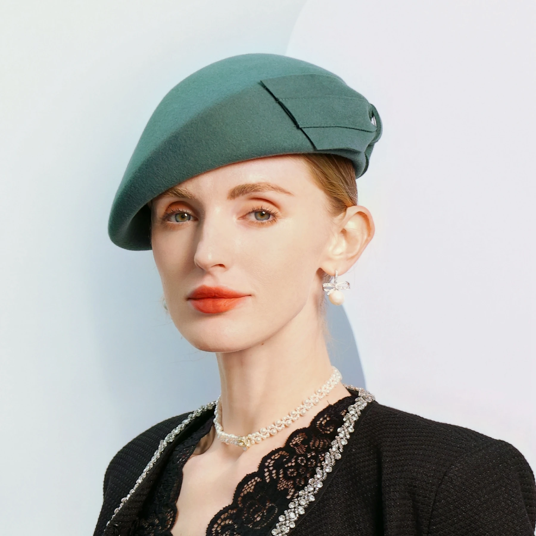 FS Green Winter Wool Berets For Women Elegant Luxury Formal Fascinator Hats Ladies Felt Fedora French Church Hat Chapeau 2024