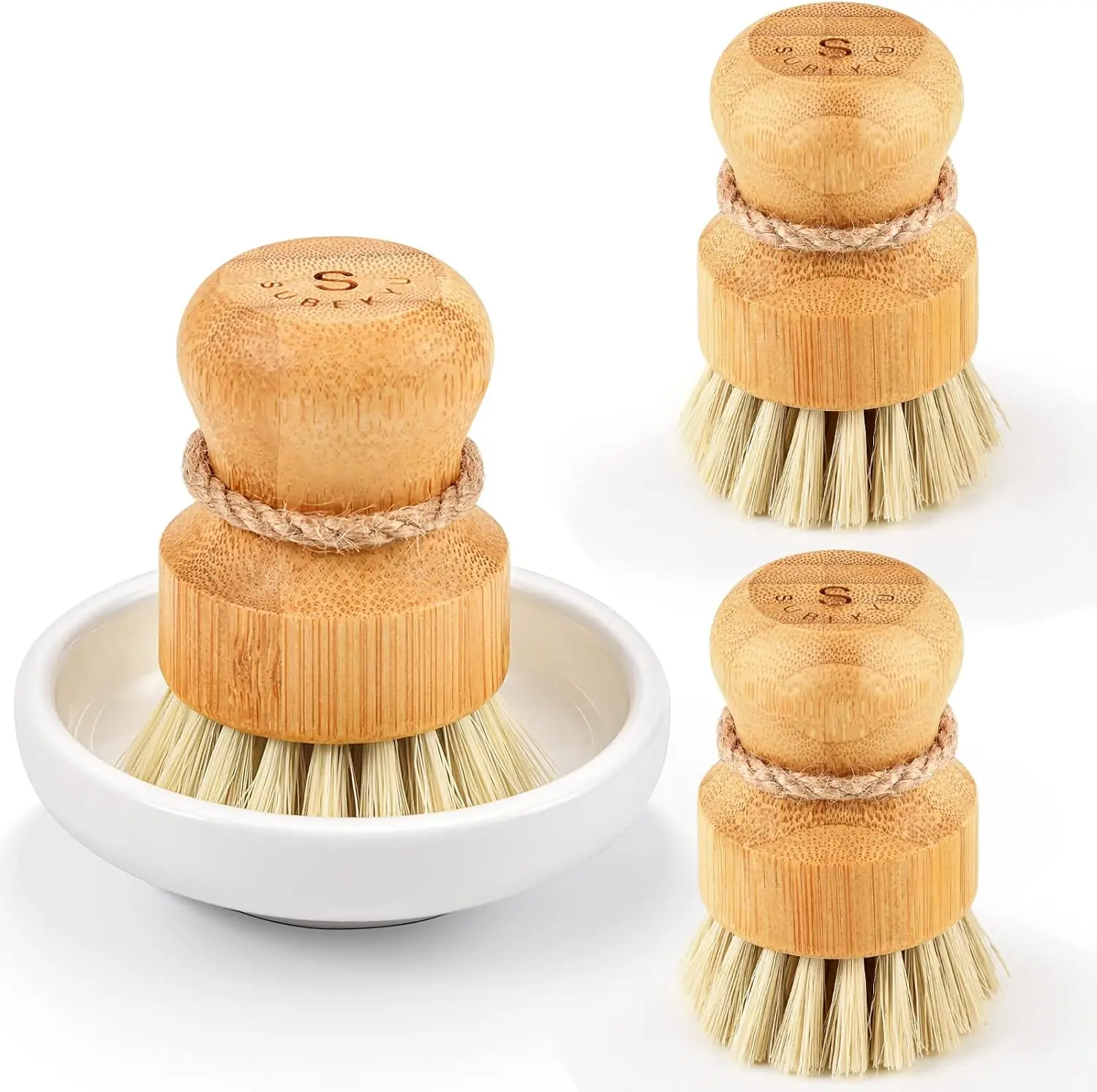

Natural Bamboo Dish Scrub Brushes Set of 3, Wooden Cleaning Scrubbers for Cast Iron Pans and Pots with Sisal Bristles