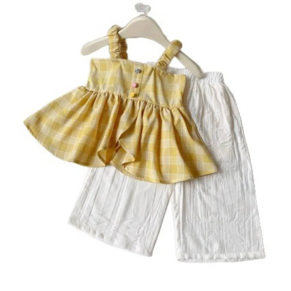 2026 Summer Korean Girls 2Pcs Outfit, Fresh Plaid Cami Top Loose Wide Leg Mosquito Pants Toddler Suit for 90-140cm
