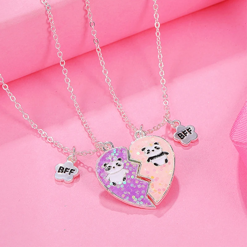 2PCS/Set Panda Heart Broken Pendant Necklace BFF Couple Jewe