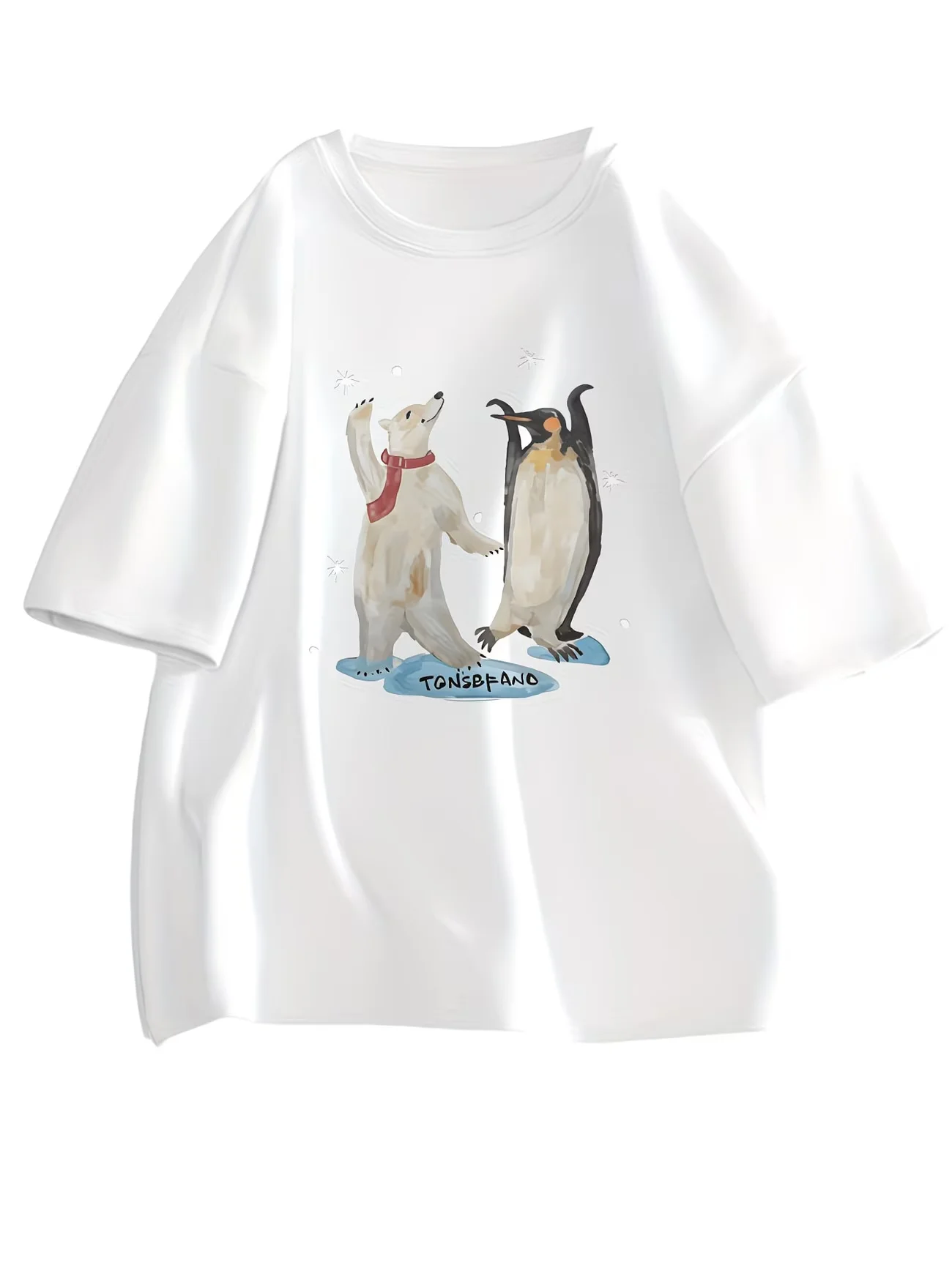 Cute Dancing Polar Bear and Penguin T-Shirt Kawaii Red Scarf Animal Print White Tee Summer Fashion Short Sleeve Unisex Top