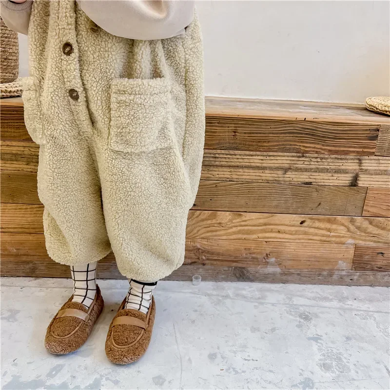 Korean Winter Baby Boy Girl Clothes Children Warm Lamb Jumpsuit Thicken Warm Fleece Pants Trousers Toddlers Kids Casual Overalls