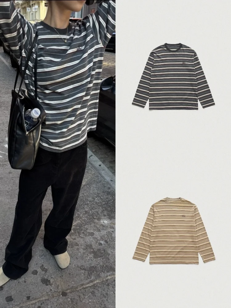 

Loose Fit Stripe Long Sve T-irt Women's Casual Vintage American Sle Top Cotton round Ne Pullover for Teen Girls