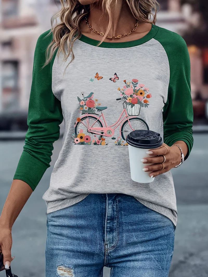 Funny Bicycle with Flower Butterfly Print Casual Long-sleeve T-shirt Winter Autumn Graphic Loose Comfortable T Shirt Women