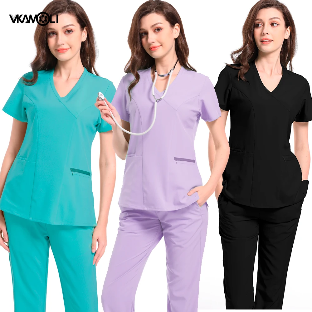 Medical Uniform Women's Scrub Set Stretch Soft Y-Neck Top and Pants Hospital Pet Clinic Doctor Costume Dental Scrubs Suits