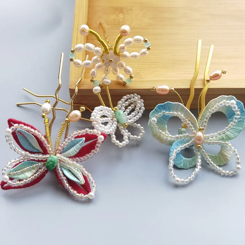 

Vintage Flower Beaded Hair Accessories Red Blue Butterfly Pearl Hairpin Accessories Exquisite Headwear Hair Hairpin