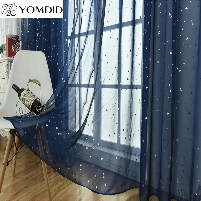 YOMDID Navy Shiny Sliver Star Tulle Curtains For Living Room Modern All-Match Yarn with Window Drapes Sheer for the Bedroom