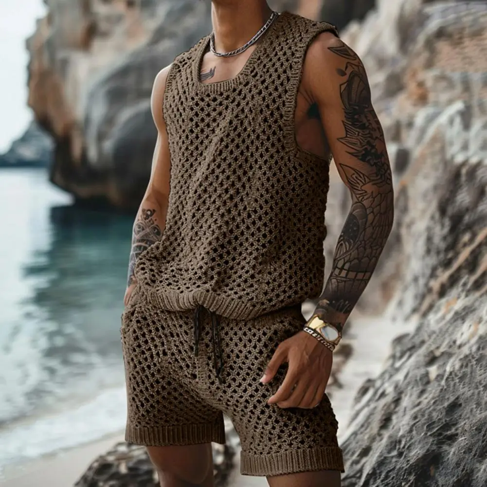 Single-breasted Short-sleeved Shirt Men's Casual Sleeveless Knit Top Drawstring Shorts Set Stylish Round Neck Outfit for Daily