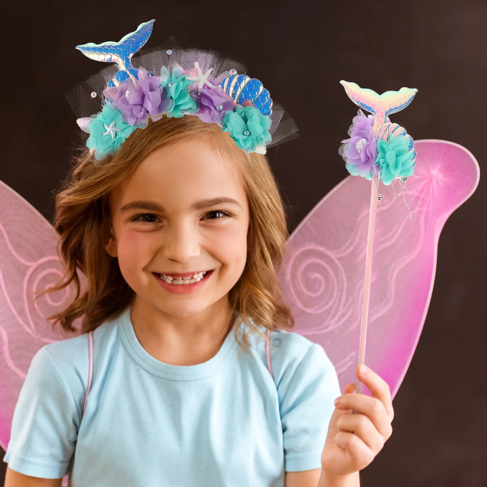 1 مجموعة حورية البحر عقال الجنية عصا مجموعة الترتر الذيل تأثيري الدعائم الزخرفية حورية البحر زي عصا الجنية الزخرفية