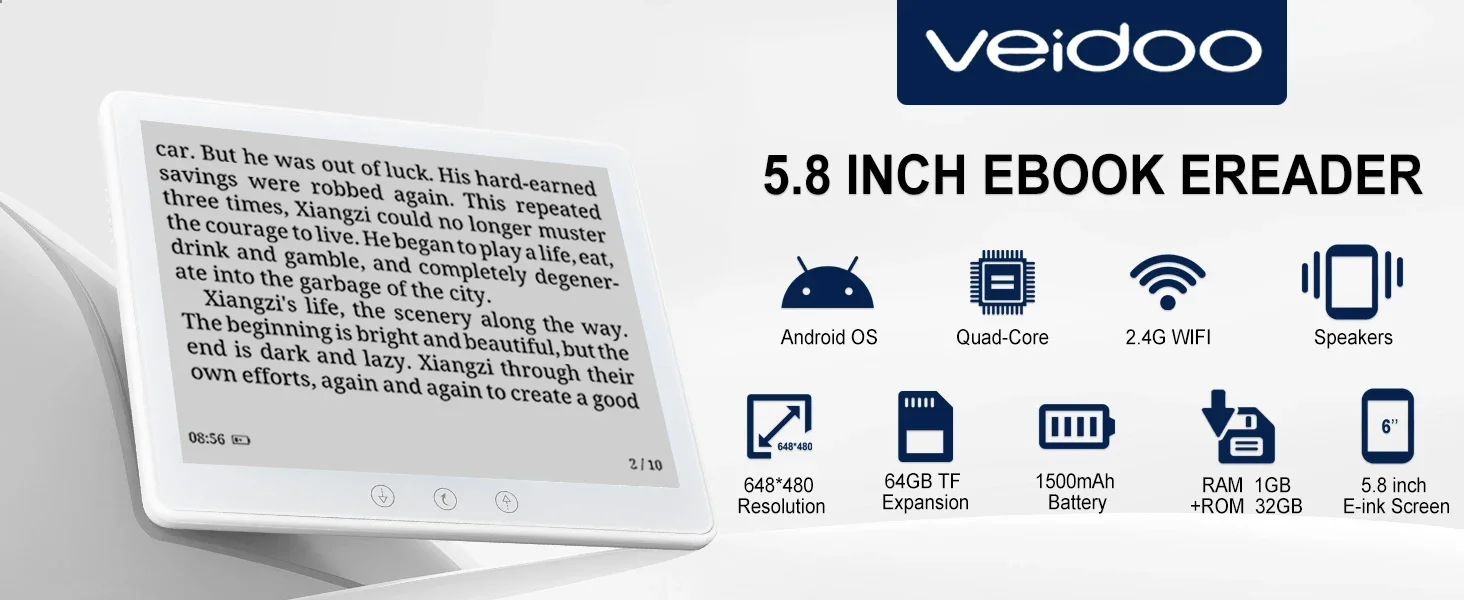 Hot Sell Ebook Reader for Kids Adults Seniors with 5.8 Inch Touchscreen Display 648x480 Resolution Android 11 Operating System