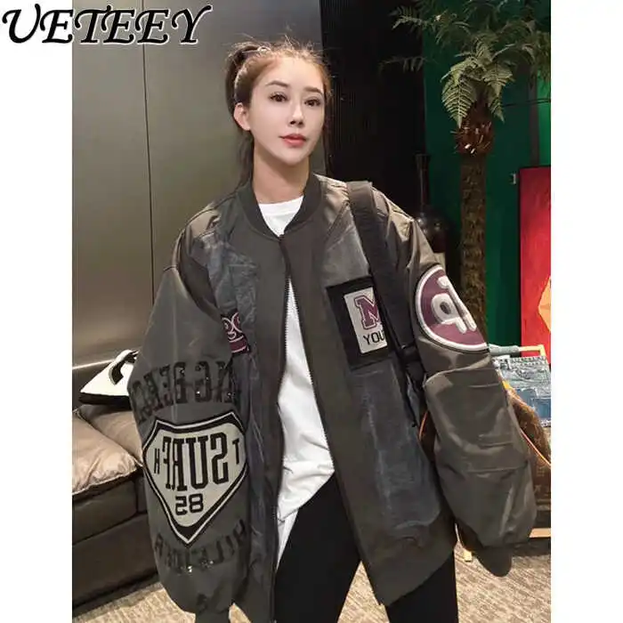 Handsome Alphabet Baseball Jacket for Women Autumn and Winter Retro Loose Ins Trendy Casual Versatile Zipper Quilted Coat