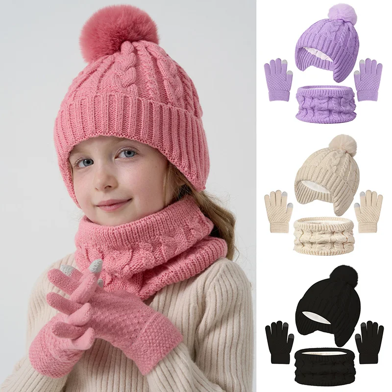 

Winter Children's Hat Girl Plus Velvet Baby Gloves Scarf Thickened Knitting Hats for Boys Solid Color Kids Warmer Accessories