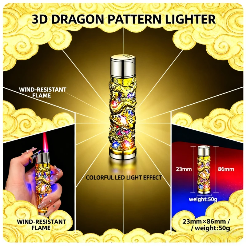 

3D Relief Dragon Metal Lighter - Windproof Turbo Red Butane Flame, Portable for Women, Trendy Cigarette Accessory & Gift for Men