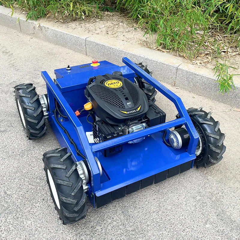 The lawn mower robot, an electronic device controlled by custom wheels, is used in gardens and farms.