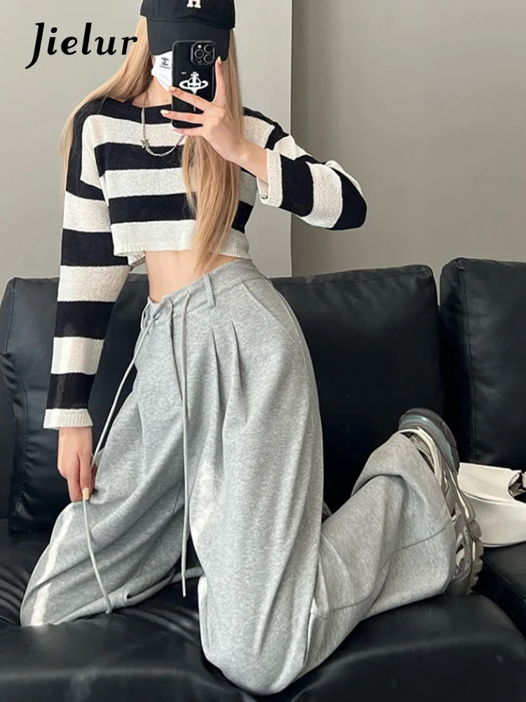 Jielur New High Waist American Solid Color Women\'s Pants Drawstring Loose Straight Pants Woman Grey Casual Pants Summer Female