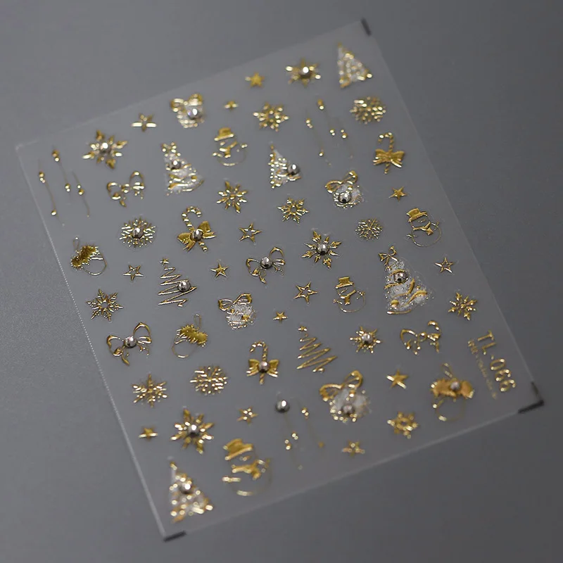 Gouden Sneeuwvlok Strik Sneeuwpop Mooie Kerst 3D Zelfklevende Nail Art Sticker Strass 5D Reliëf Reliëfs Manicure Decals