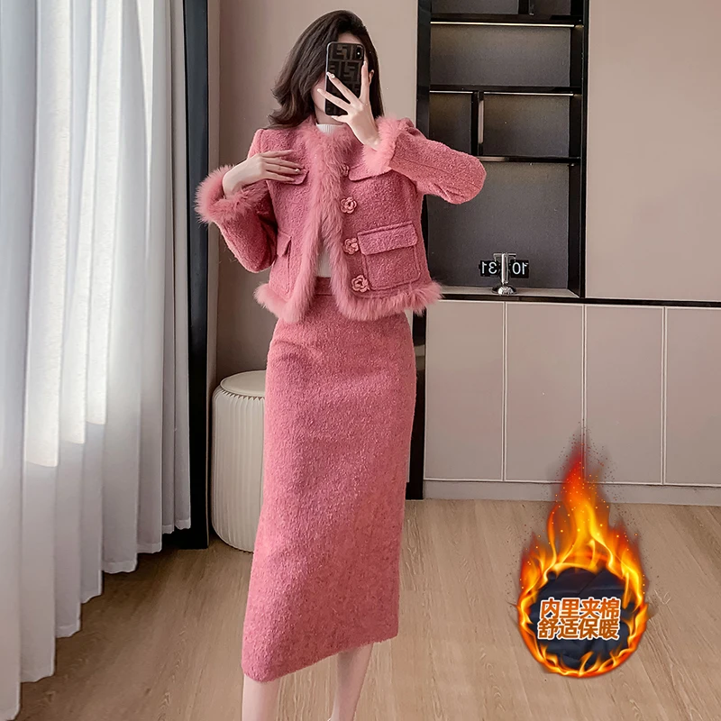 New Winter Women Thicken Cotton-padded Skirt Suits Fashion Fur Patchwork Short Jacket And High Waist Long Skirt Two Piece Set