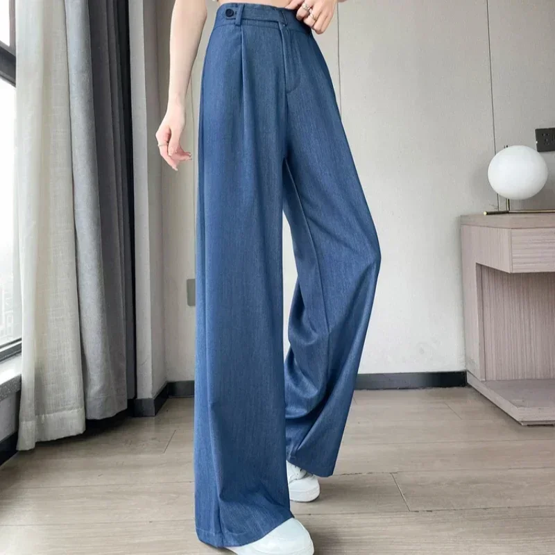 REALEFT Vintage Dünne Denim Lose frauen Breite Bein Hose 2025, Neue Hohe Taille Taste Gerade Casual Volle Länge Hosen weibliche