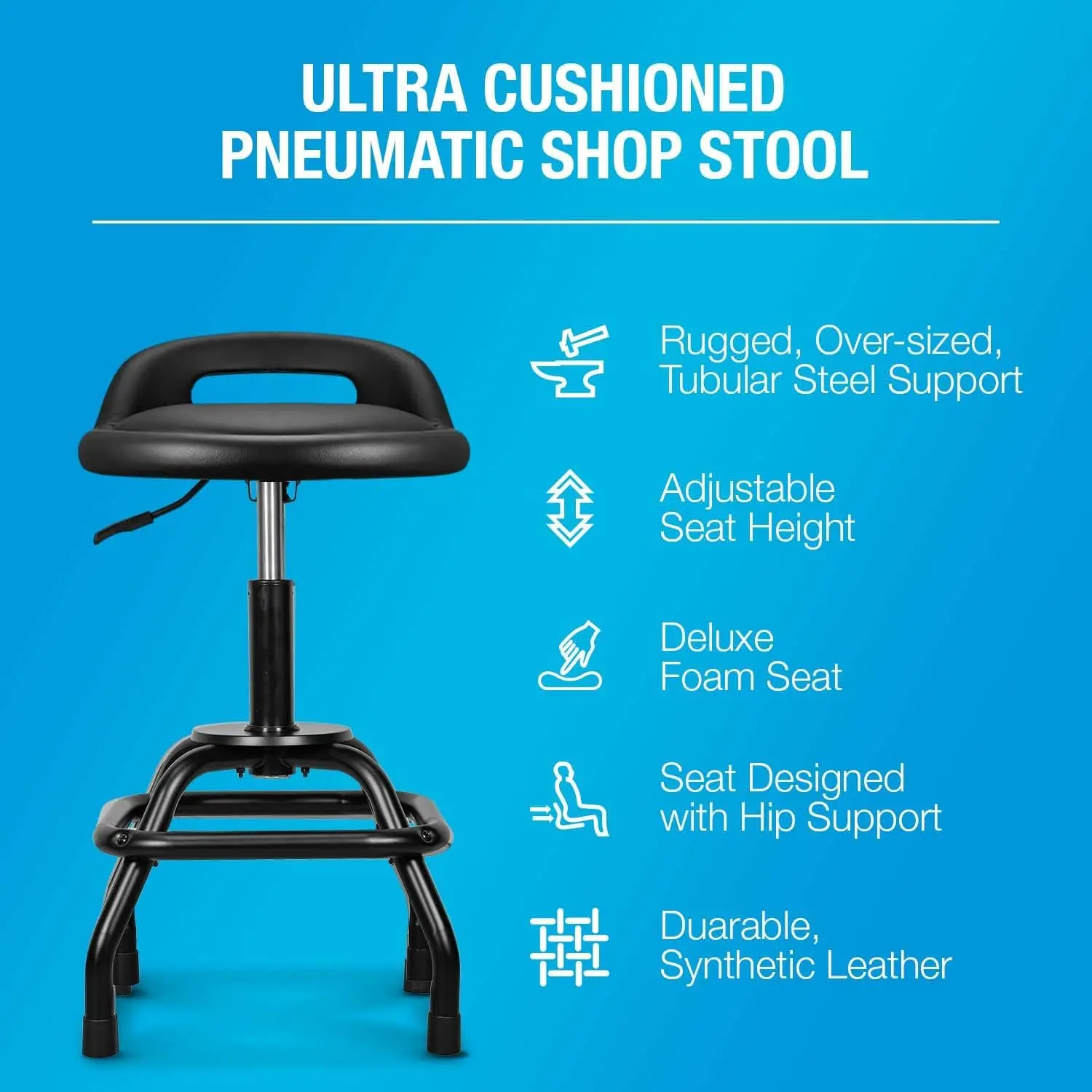 Type S Shop Stool Garage Bar Stool, PU Leather Round Non-Rolling Stool with Padding and Lumbar Support, Swivel Adjustable