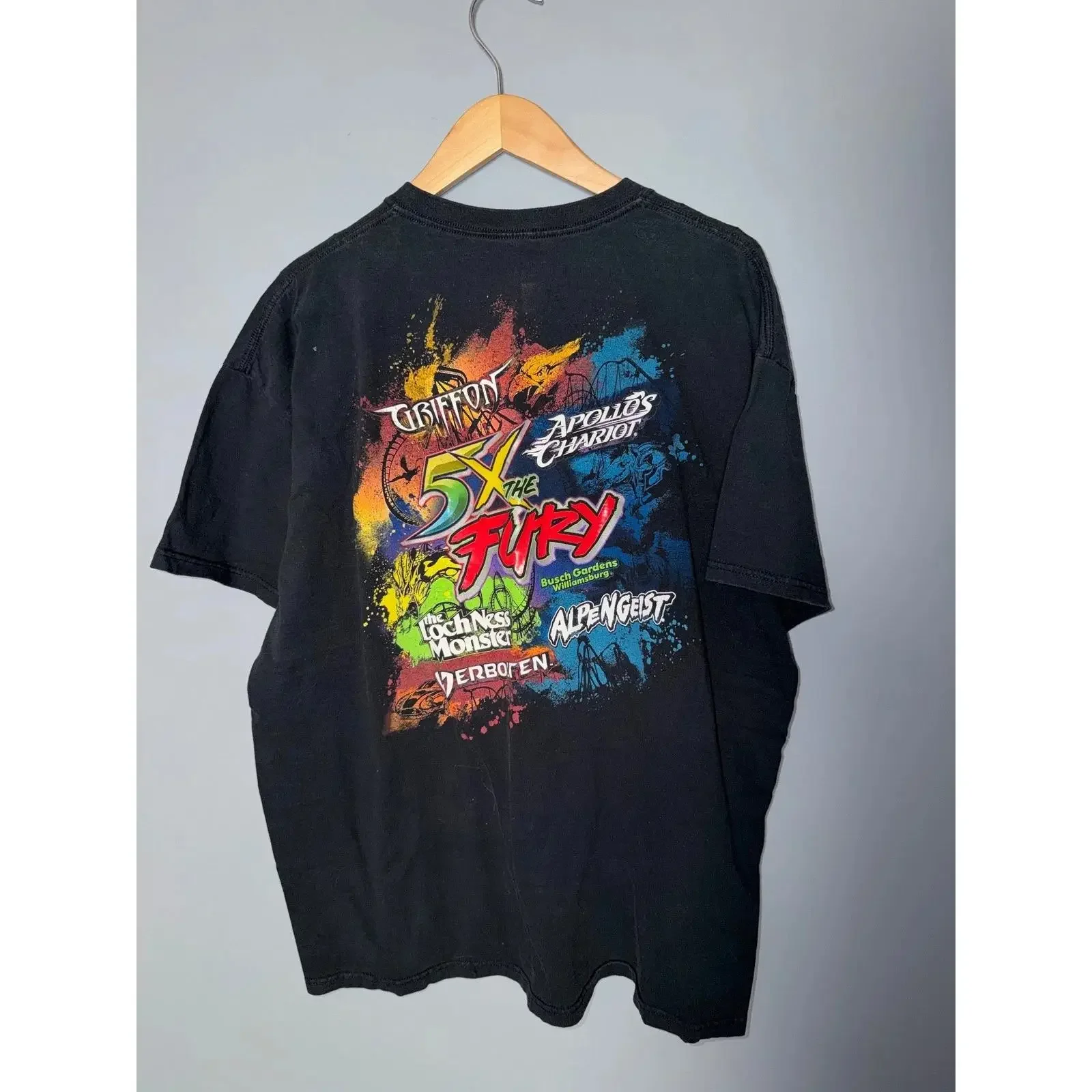 Busch Gardens Williamsburg 5X The Fury Roller Coaster Grafik T Shirt schwarz XL vintage Washed Versatile Soft streetwear