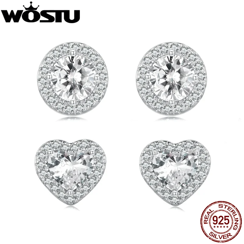 WOSTU Wedding Jewelry 925 Sterling silver Round Heart Stud Earrings For Women AAA Zircon Ear Studs Pendientes  Engagement Gift