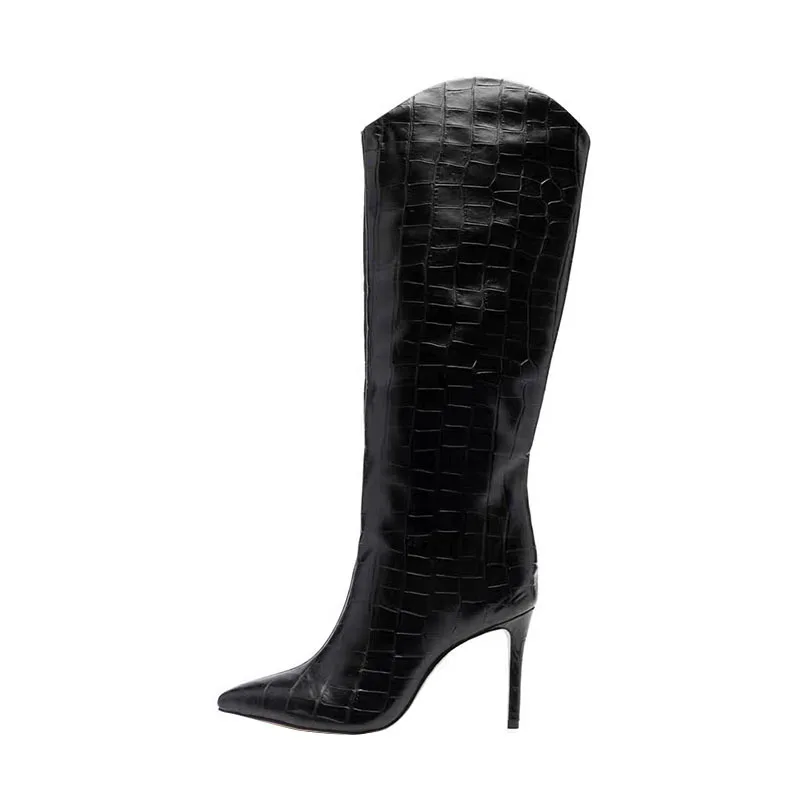 

Arden Furtado 2025 Crocodile grain Mid-Calf boots Pointed toe Slip-on Super high heel Modern boots Simple style Extra large size