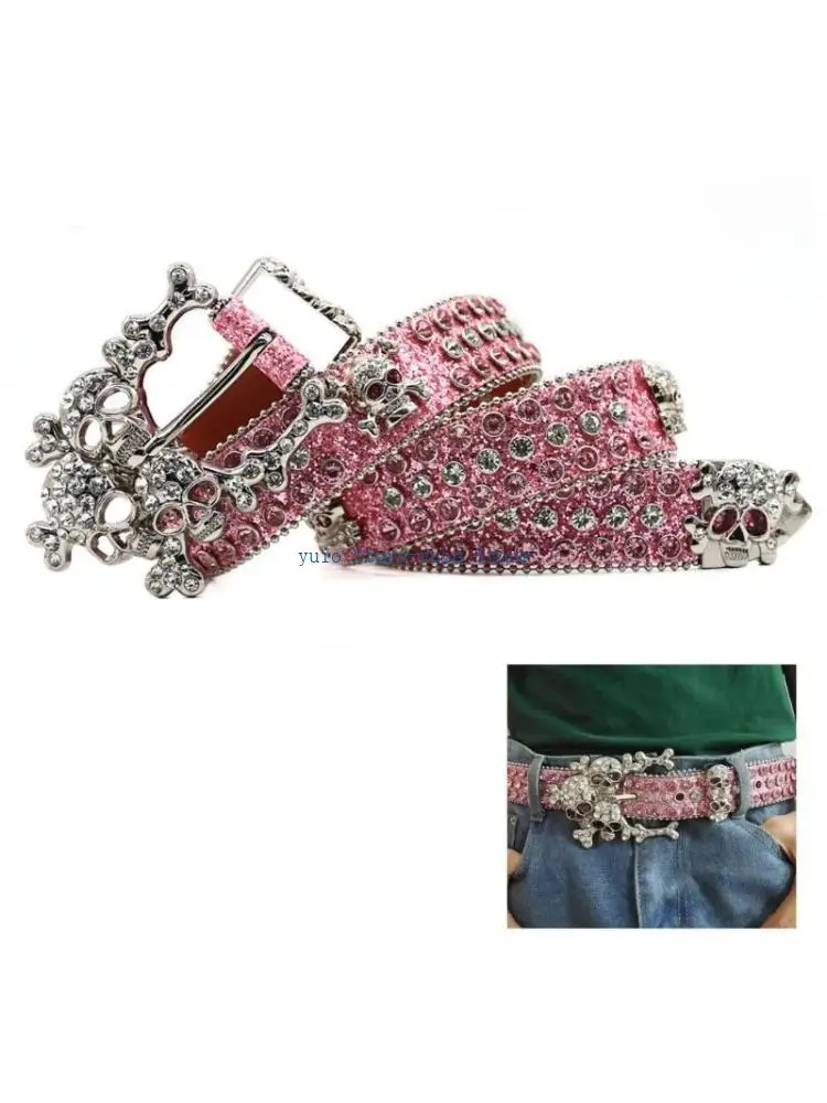 X7XB Women Waist Belt Chain with Encrusted Rhinestones Skull Rivets PU Waistband