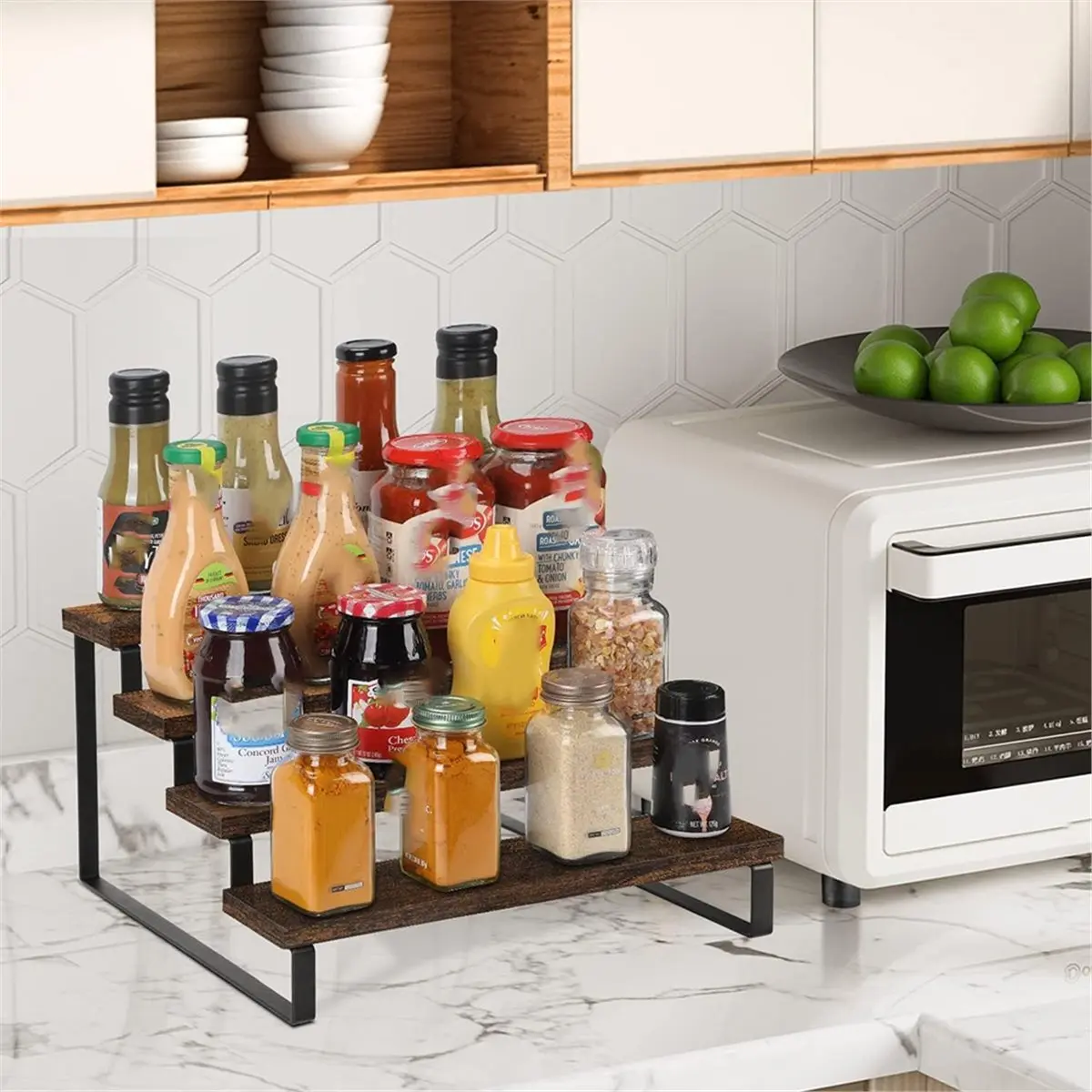 Rustic Wooden 4-Tier Spice Rack Organizer - Kitchen Display Shelf for Sundries