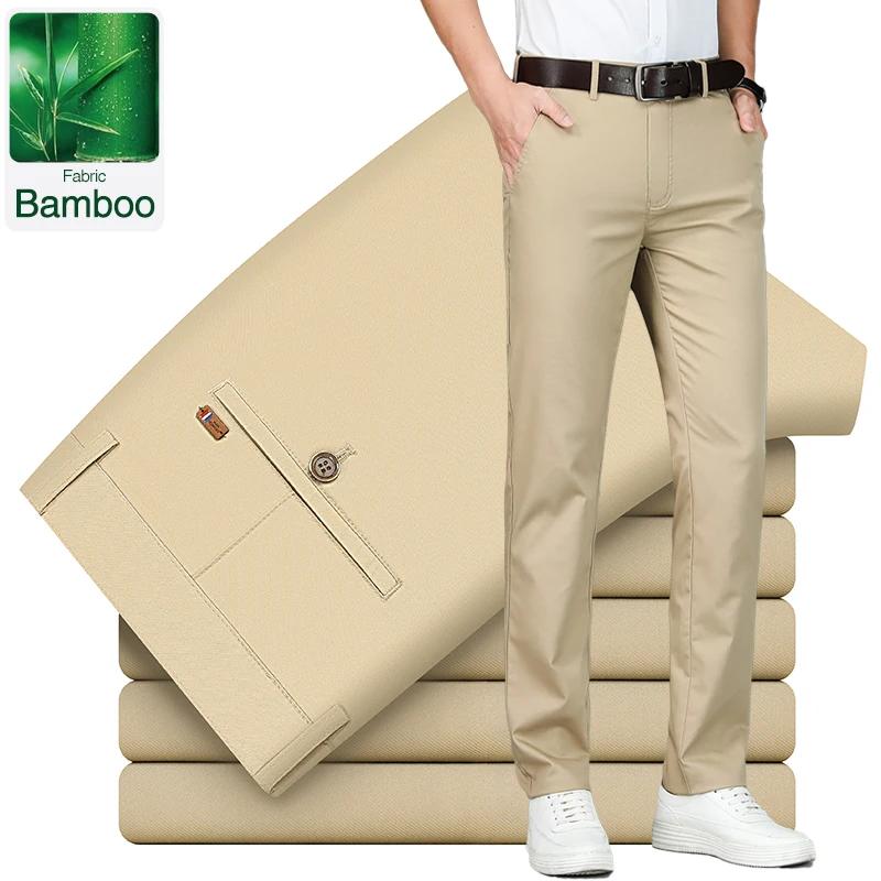 

Summer Thin Men's Bamboo Fiber Casual Pants Soft Comfortable Elastic Classic Straight Business Office Solid Color Suit Trousers