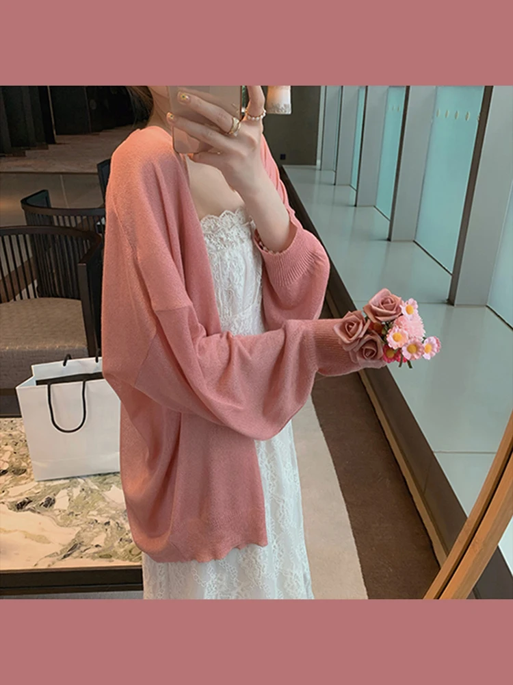 

Ice Silk Knitted Cardigan Women's Thin Summer Slimming Cover up Summer Wrap V-Neck Long Sleeve Korean Style Commute Wind