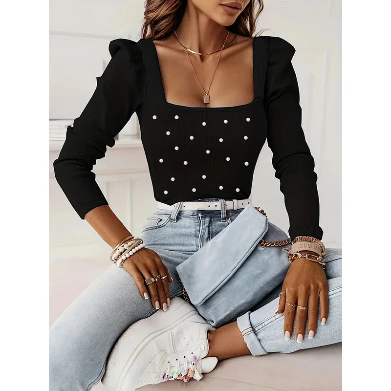 تي شيرت جديد لعام 2025 للنساء محبوك بأكمام طويلة بلوفرات وردية وياقة مربعة قمصان وبلوزات شتوية YBear House 002