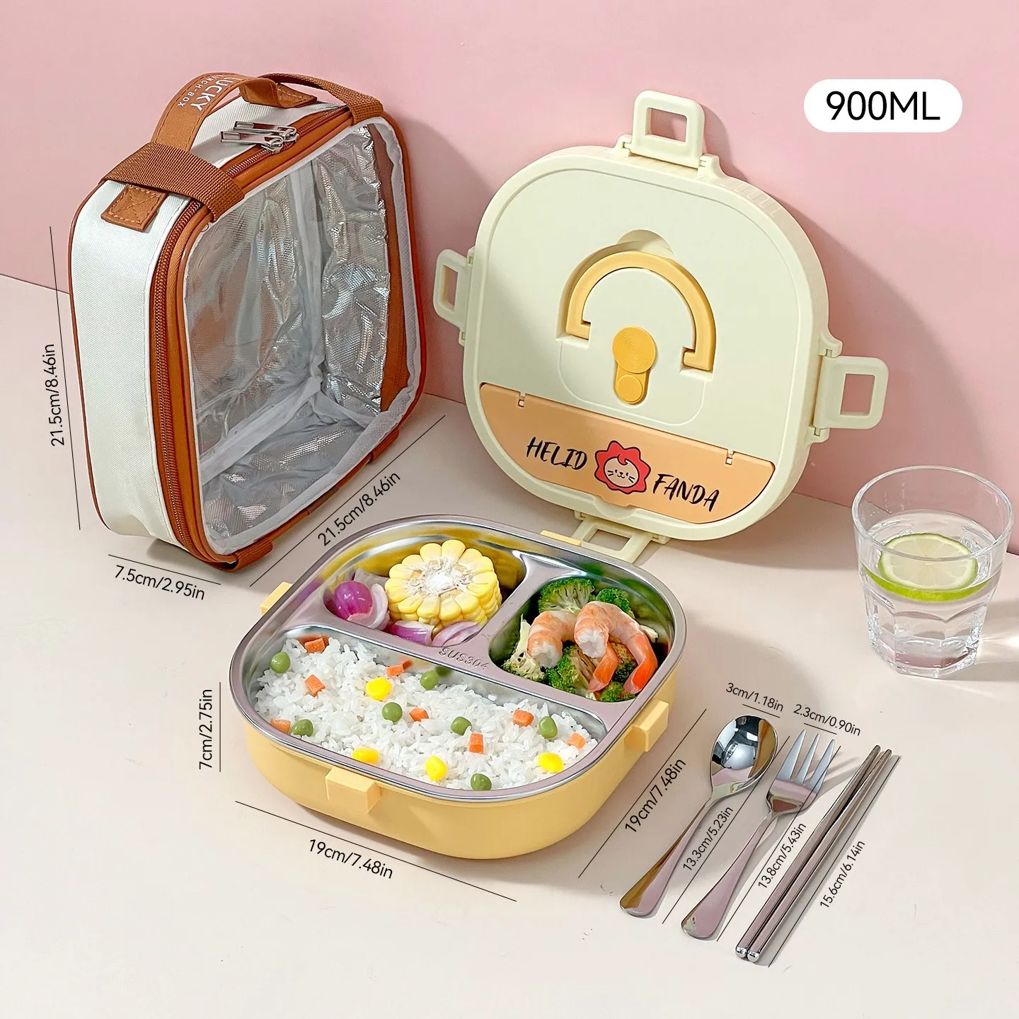 850/900ml 304 roestvrijstalen gedeelde bento box met bestek, magnetronbestendig, grote capaciteit, lekvrije lunchbox voor studenten en kinderen