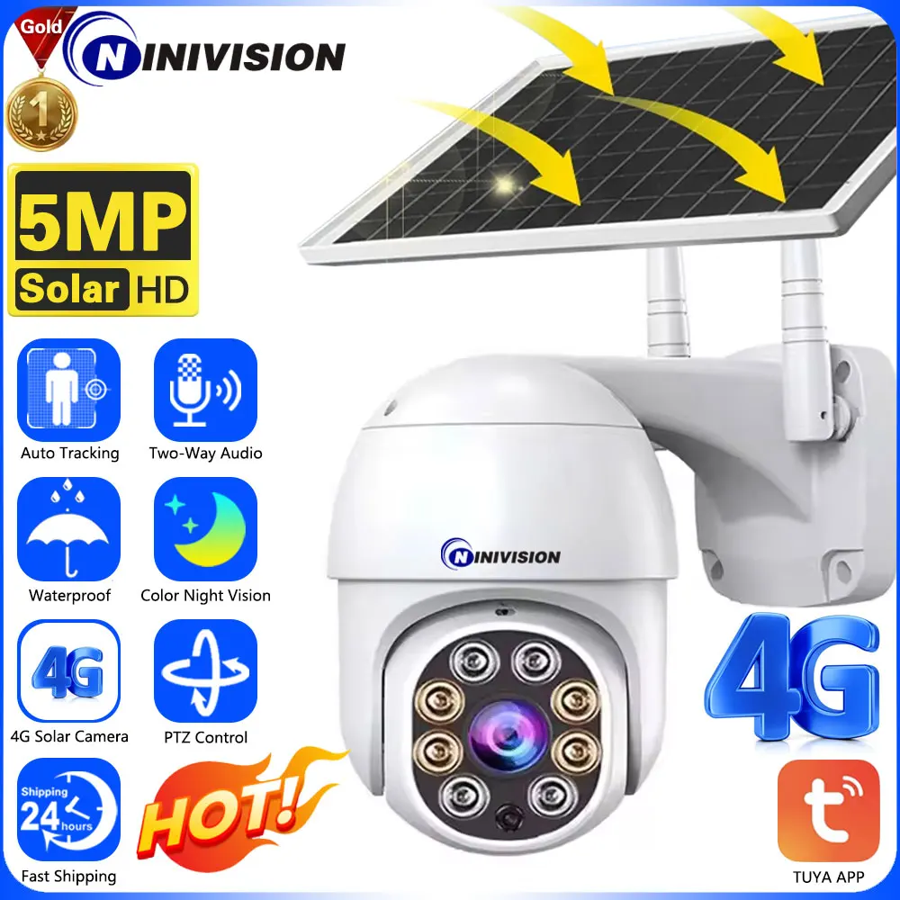 Cámara de seguridad Solar inteligente para exteriores, dispositivo de vigilancia CCTV con tarjeta SIM 4G de 5MP, PTZ, IP, batería de energía para el