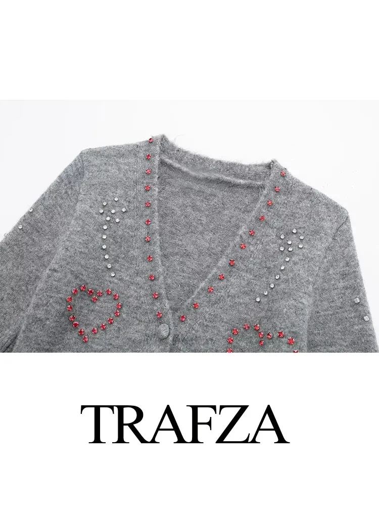 TRAFZA Knit Grey Love Cardigan For Women Casual V-Neck Slim Short Sleeve Female Sweater 2024 Fashion Single Breasted Lady Top