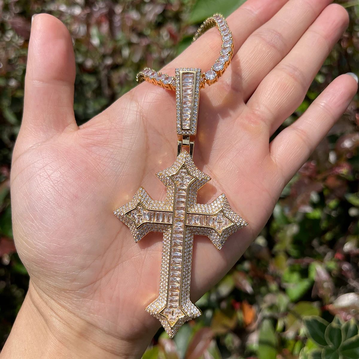 Bubble Letter Iced Out Cross Necklace for Men Prong Setting Real Copper Cubic Zirconia Hip Hop Jewelry Dropshipping Items