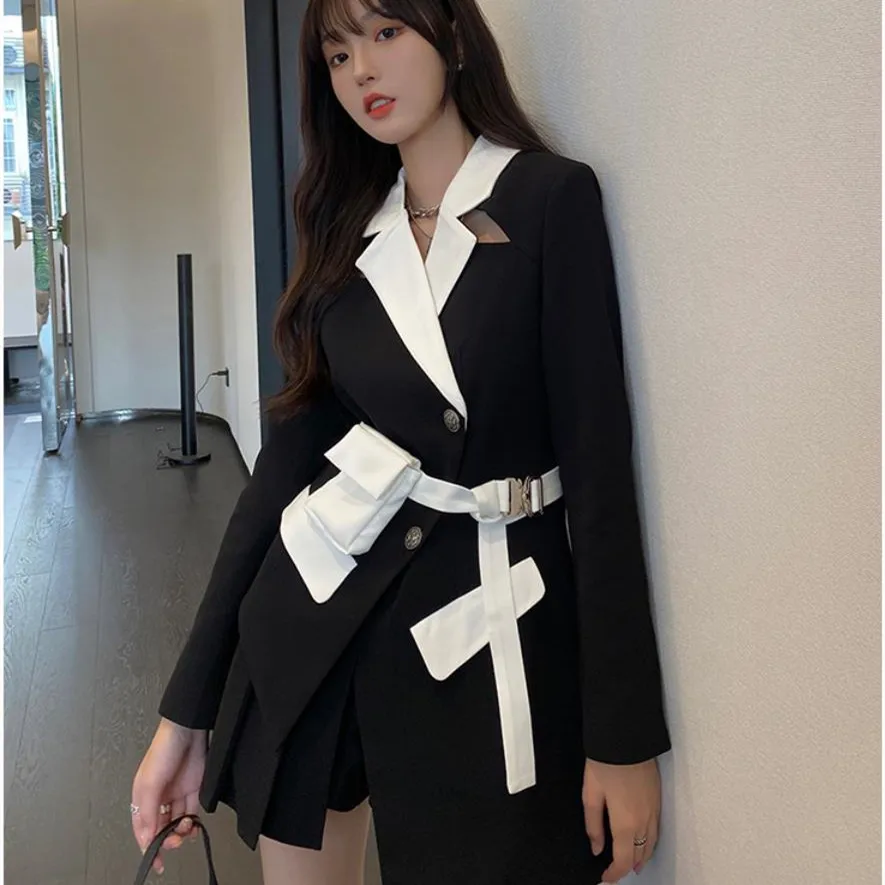 

Women white Contrast Color Pocket Blazer New Lapel Long Sleeve Loose Fit Jacket Fashion Tide Spring Autumn 2023