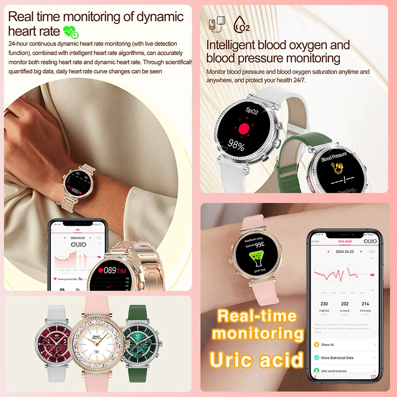 2024 New Women Medical Grade Smart Watch Blood Glucose Uric Acid Blood Lipid Menstrual Health Tester BT Talking smartwatch Women