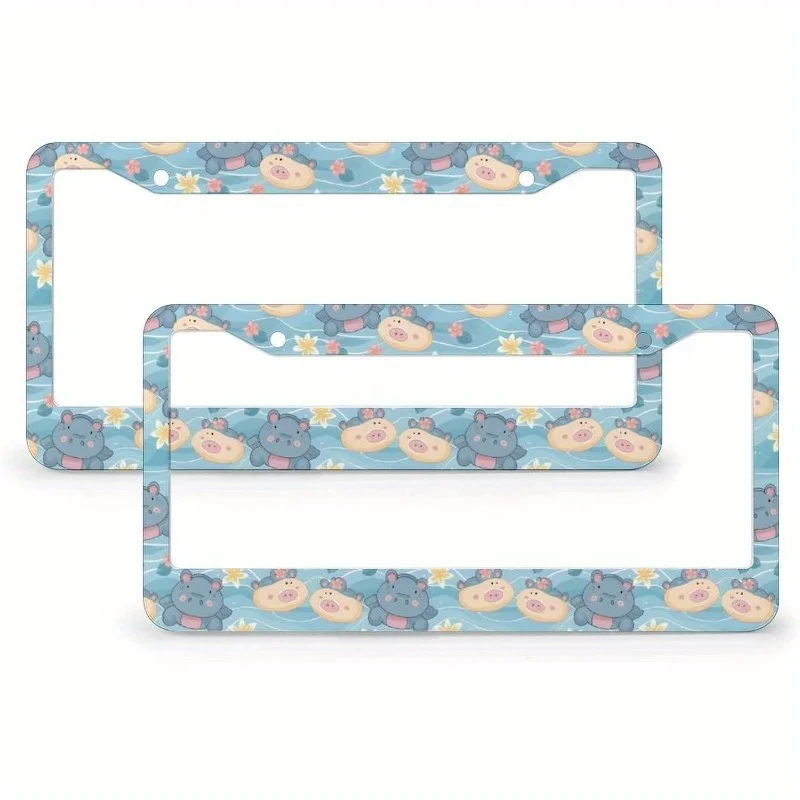 Set of 2 Adorable Flat Hippo License Plate Frames for Cars Made of Universal Aluminum with Holes And Screws